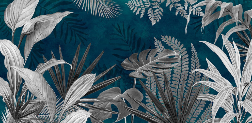 Witte junglebladeren op petrol — volledig ontwerp