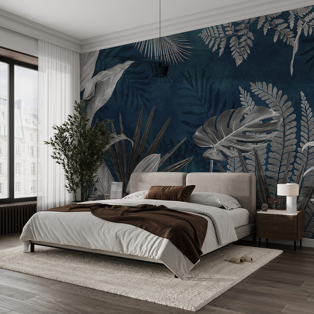 Witte junglebladeren op petrol — interieur 4