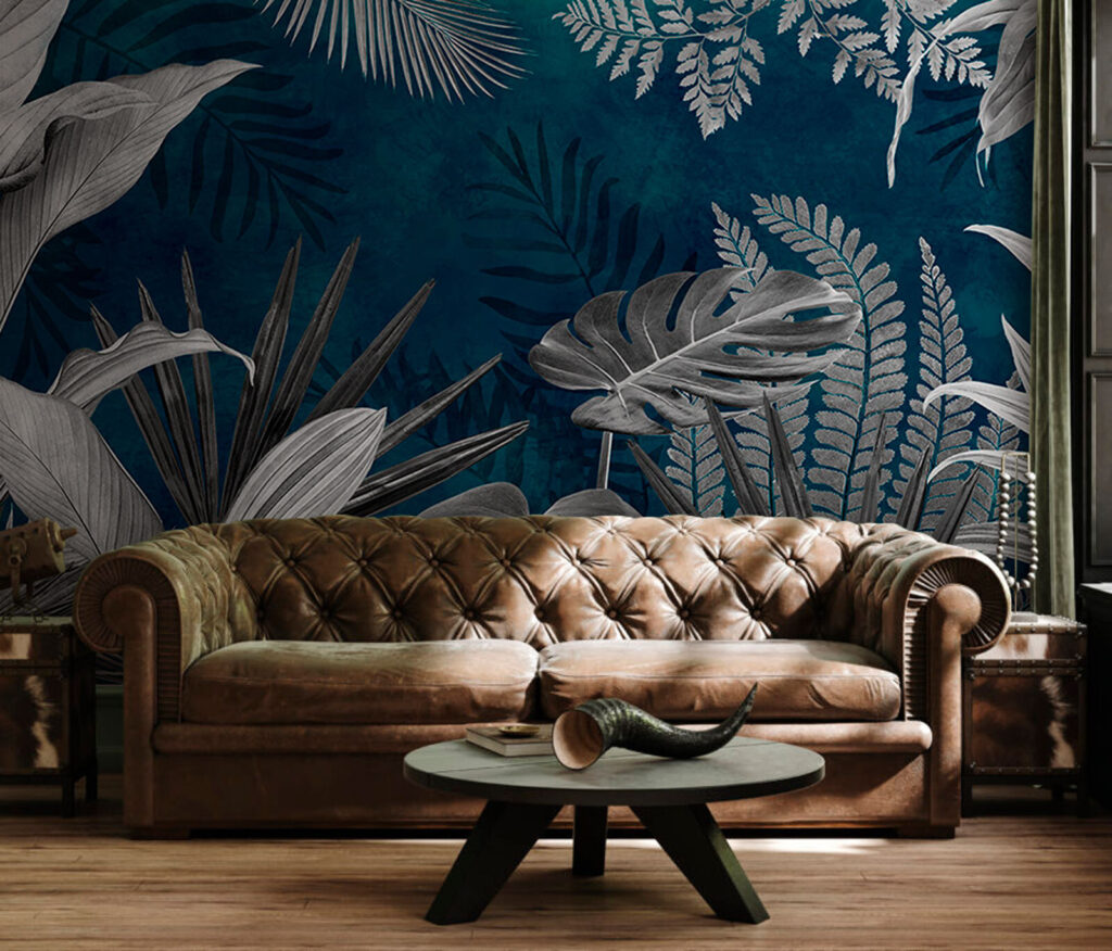 Witte junglebladeren op petrol — interieur 2