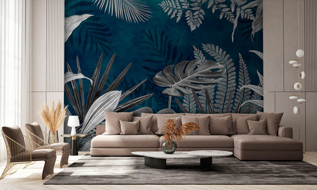 Witte junglebladeren op petrol — interieur 3