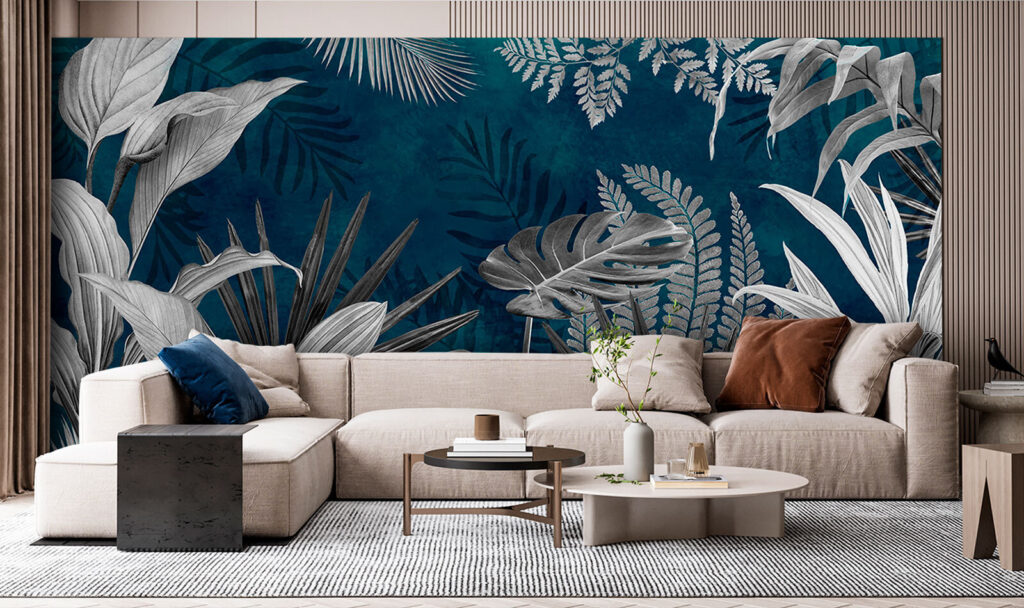 Witte junglebladeren op petrol — interieur 1