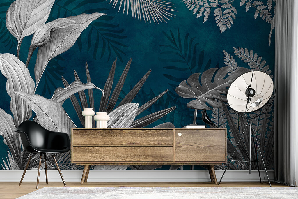 Witte junglebladeren op petrol — interieur 5