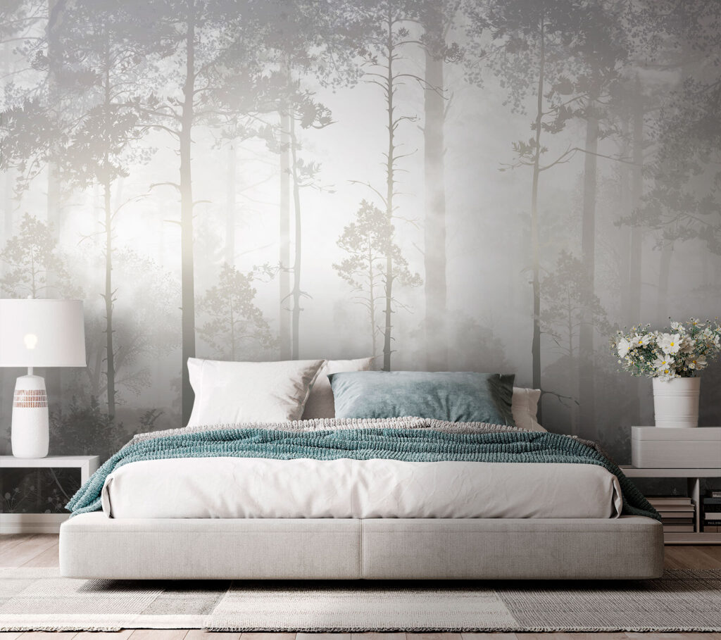Boslicht tussen rechte stammen — interieur 2