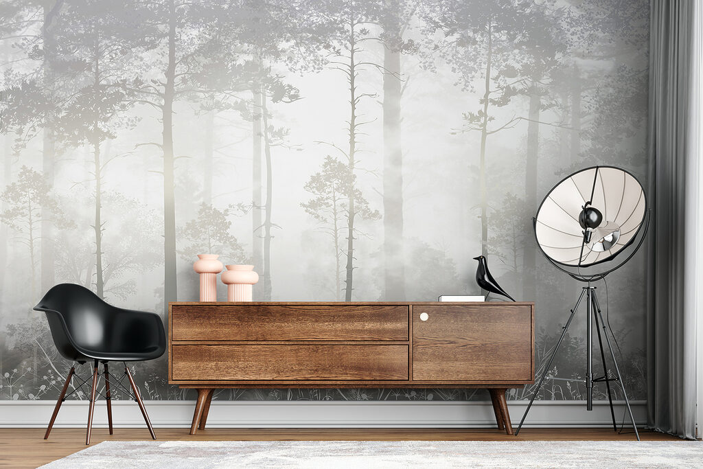 Boslicht tussen rechte stammen — interieur 4