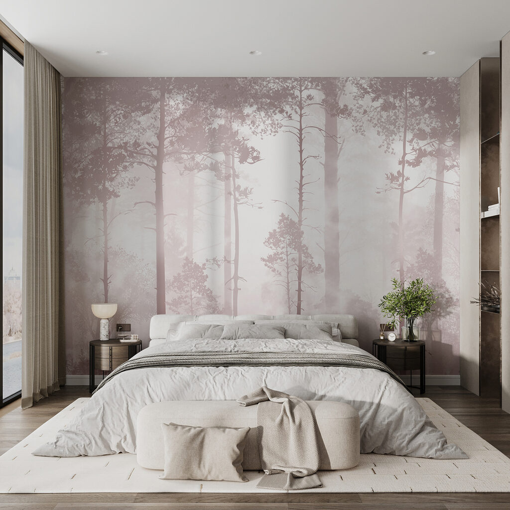 Boslicht tussen rechte stammen — interieur 2