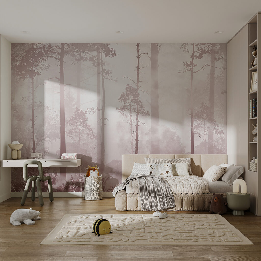 Boslicht tussen rechte stammen — interieur 1