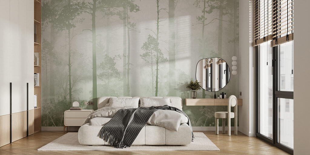 Boslicht tussen rechte stammen — interieur 1