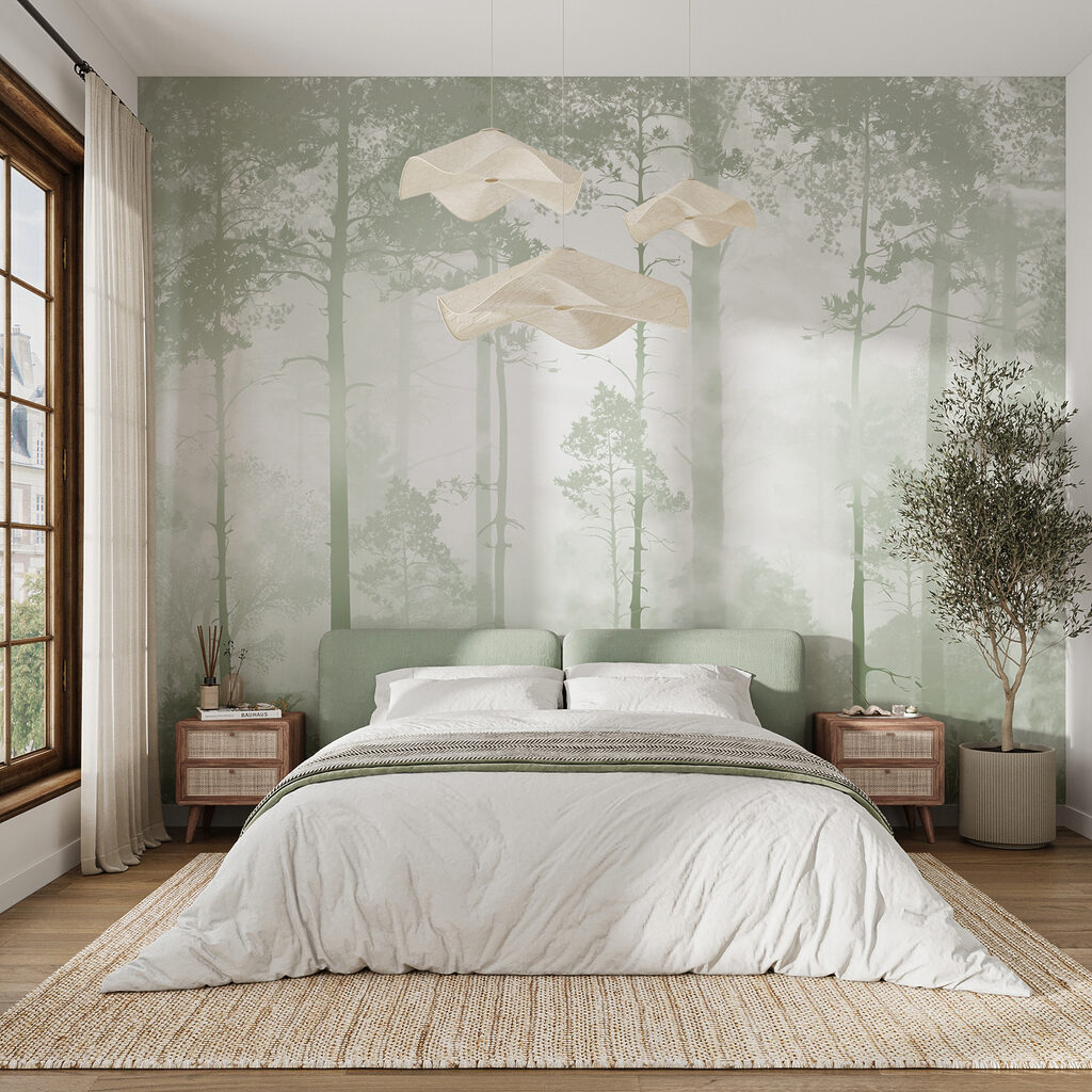 Boslicht tussen rechte stammen — interieur 2