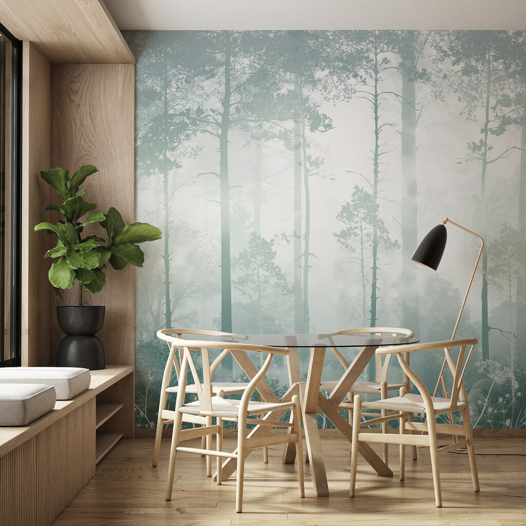 Boslicht tussen rechte stammen — interieur 1