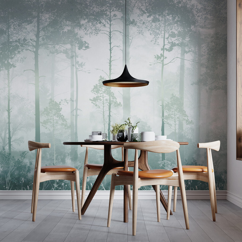 Boslicht tussen rechte stammen — interieur 3