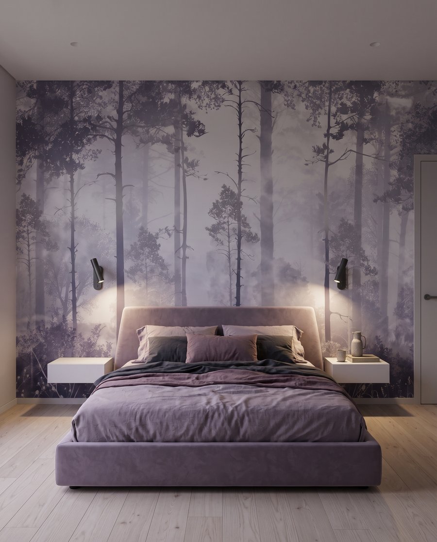 Boslicht tussen rechte stammen — interieur 1