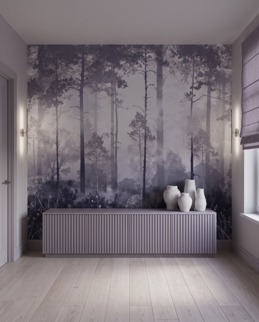 Boslicht tussen rechte stammen — interieur 4