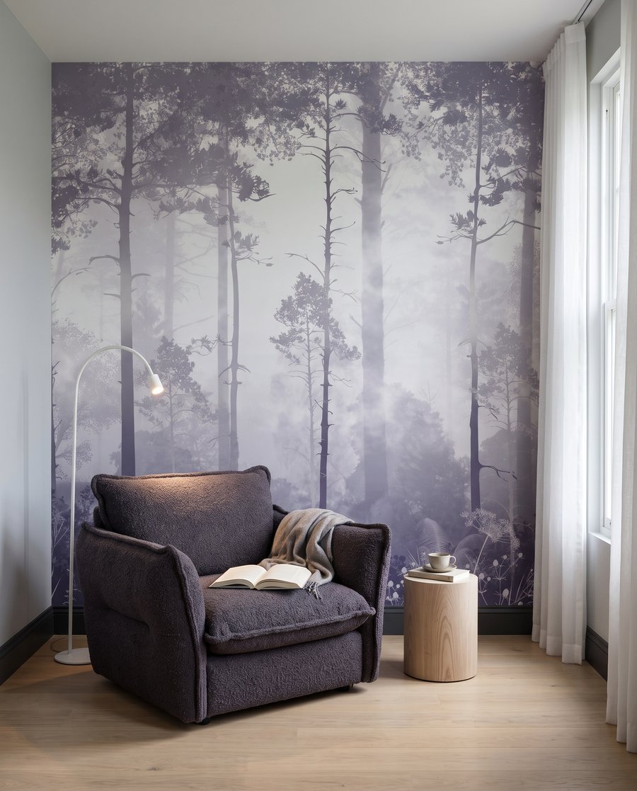 Boslicht tussen rechte stammen — interieur 5