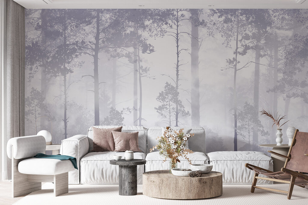 Boslicht tussen rechte stammen — interieur 3