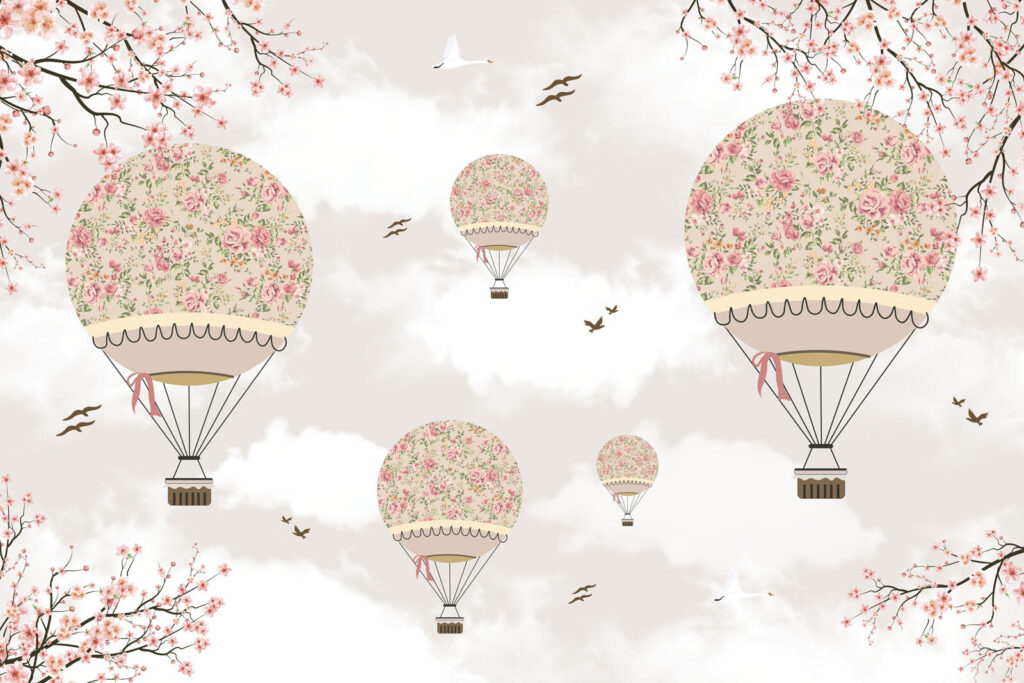 Groep heteluchtballonnen in de lucht — volledig ontwerp