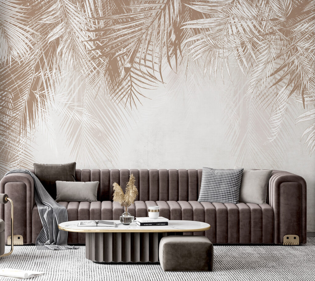 Witte en bruine achtergrond met palmbladeren — interieur 2