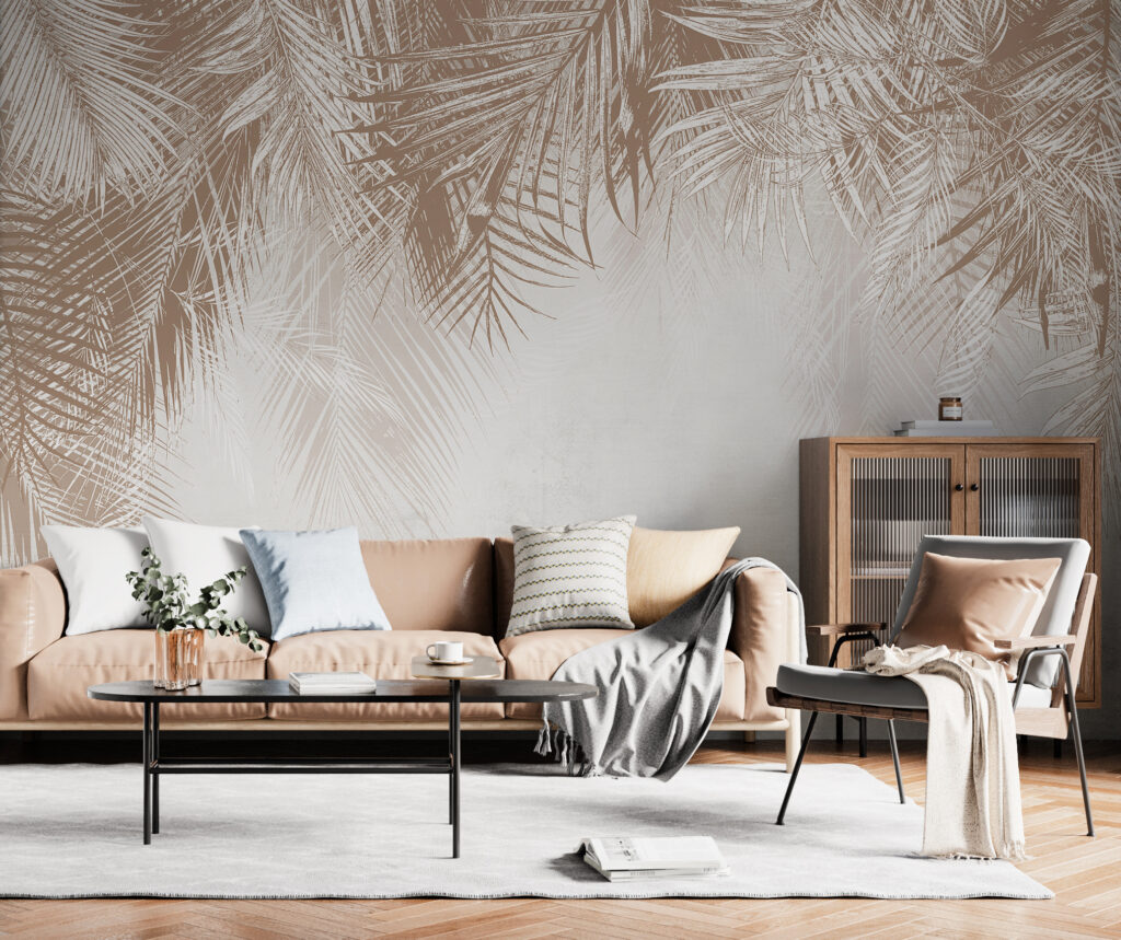 Witte en bruine achtergrond met palmbladeren — interieur 3