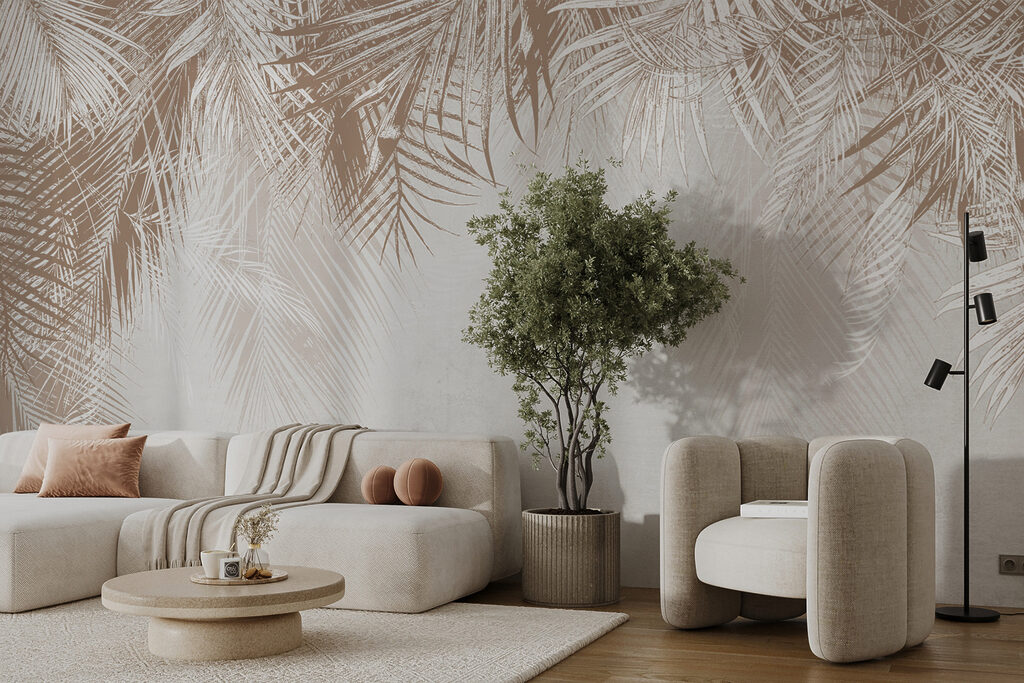 Witte en bruine achtergrond met palmbladeren — interieur 5