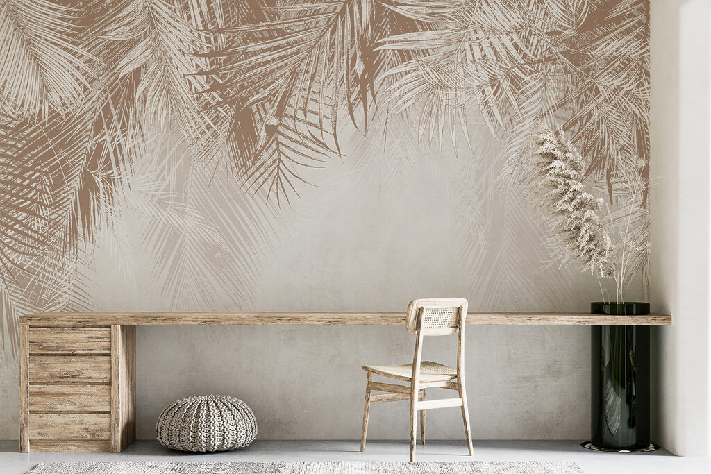 Witte en bruine achtergrond met palmbladeren — interieur 6