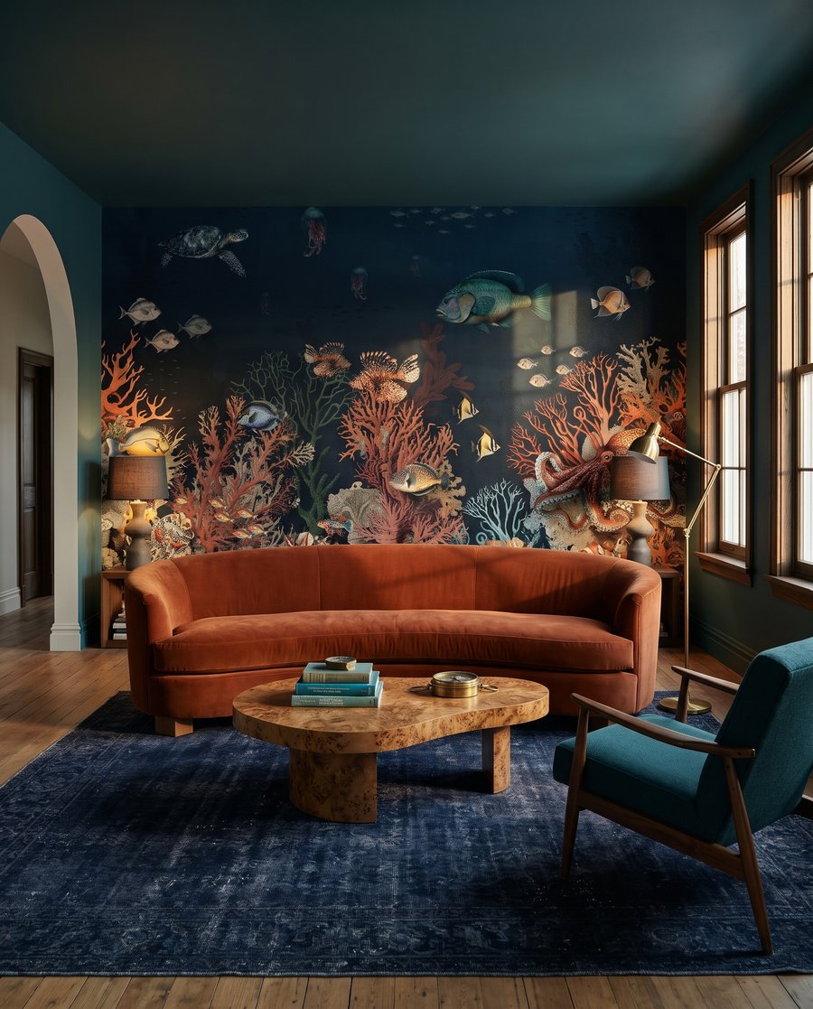 Een rif in diepblauw in een interieur
