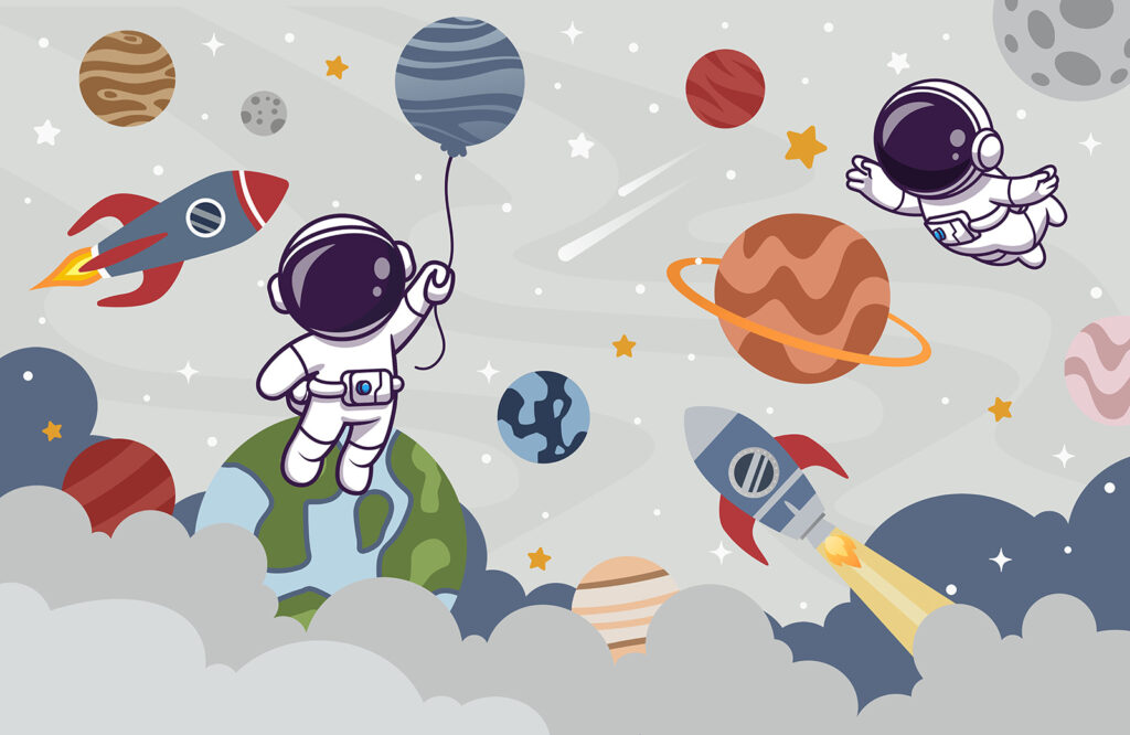 Astronauten in speelse planetenwereld — volledig ontwerp