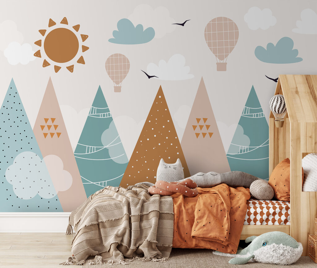 Landschap met bomen en heteluchtballonnen in een interieur