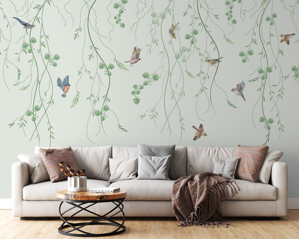 Vogels en wijnstokken in zachte harmonie in een interieur