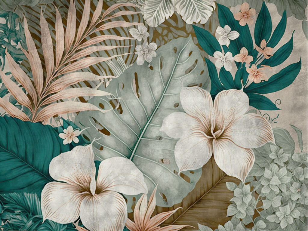 Witte bloemen, turquoise bladeren — volledig ontwerp