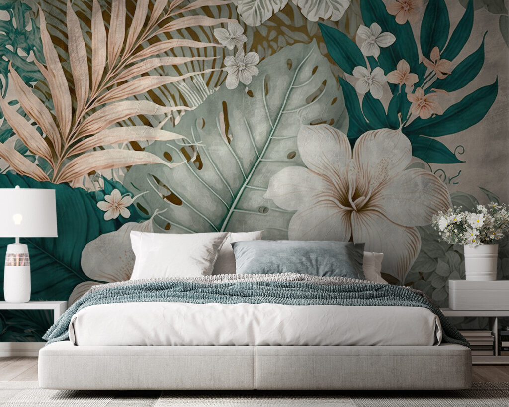 Witte bloemen, turquoise bladeren — interieur 2