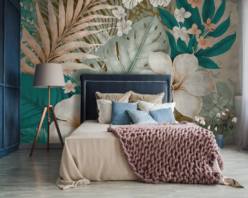 Witte bloemen, turquoise bladeren — interieur 3