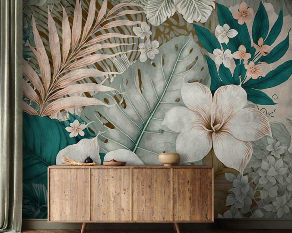 Witte bloemen, turquoise bladeren — interieur 1