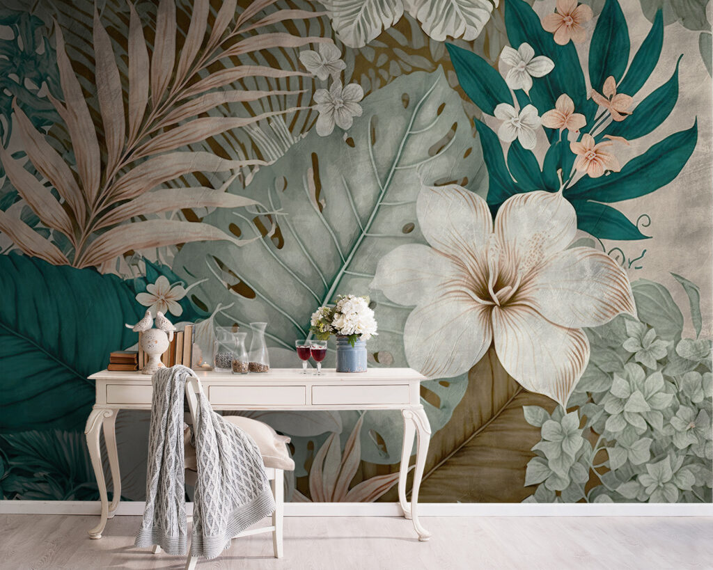Witte bloemen, turquoise bladeren — interieur 4