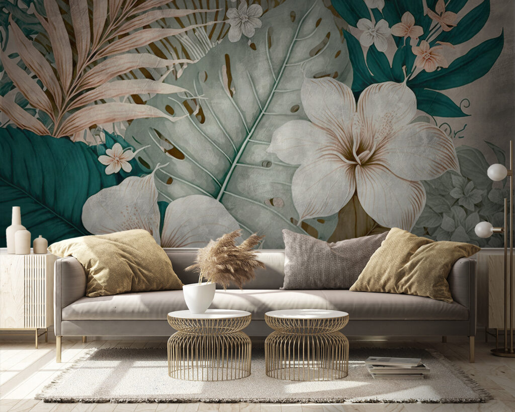 Witte bloemen, turquoise bladeren — interieur 5