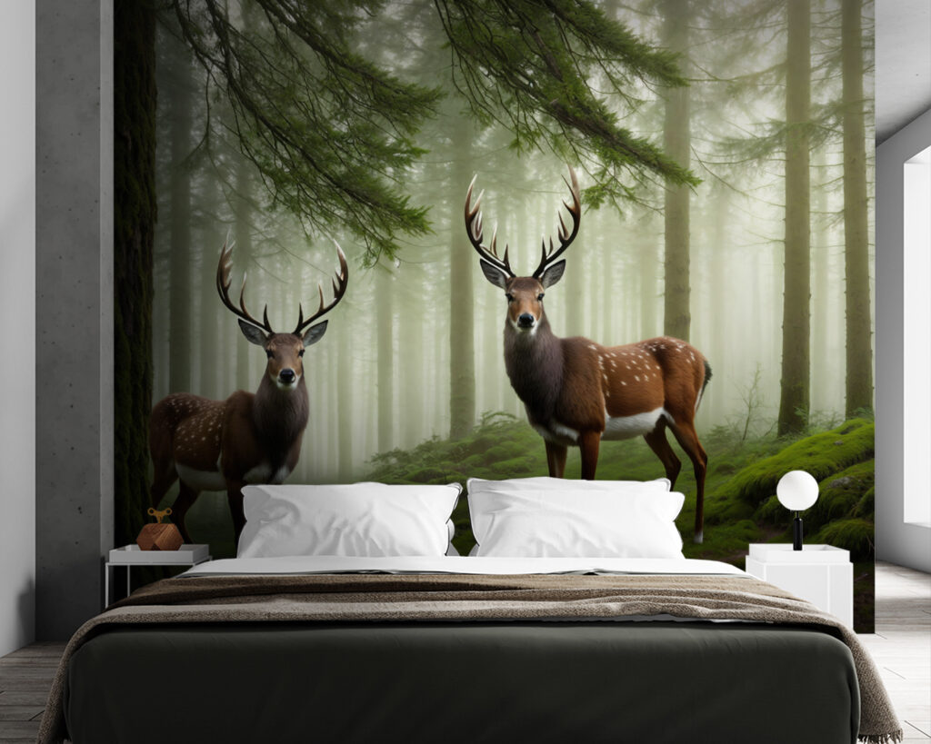Twee herten in naaldbos — interieur 1