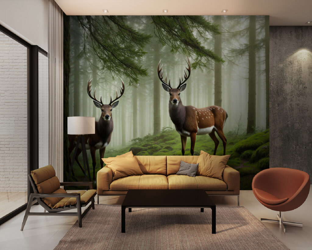 Twee herten in naaldbos — interieur 2