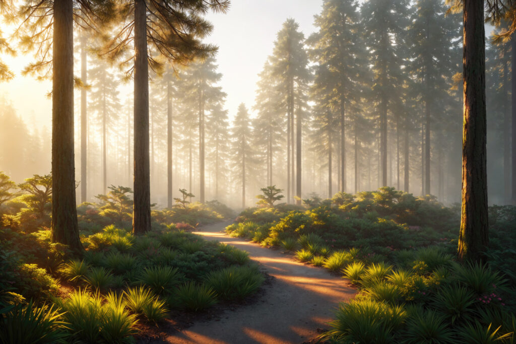 Zonnestralen op een bosbocht — volledig ontwerp