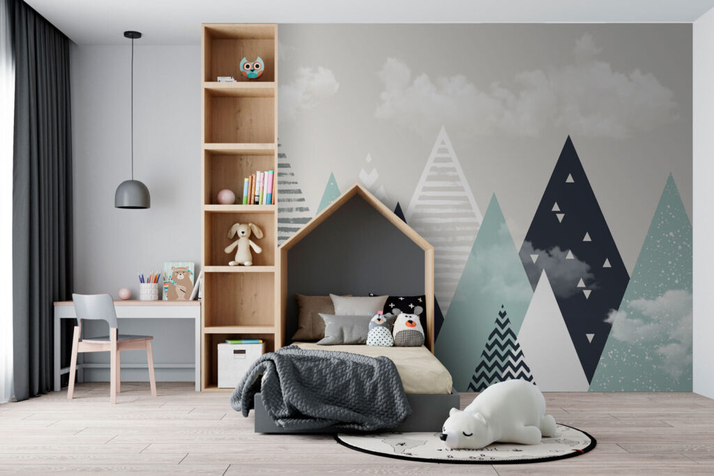Groep driehoeken en wolken in een interieur