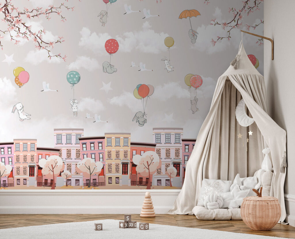 Dieren zweven boven pastelgevels — interieur 1