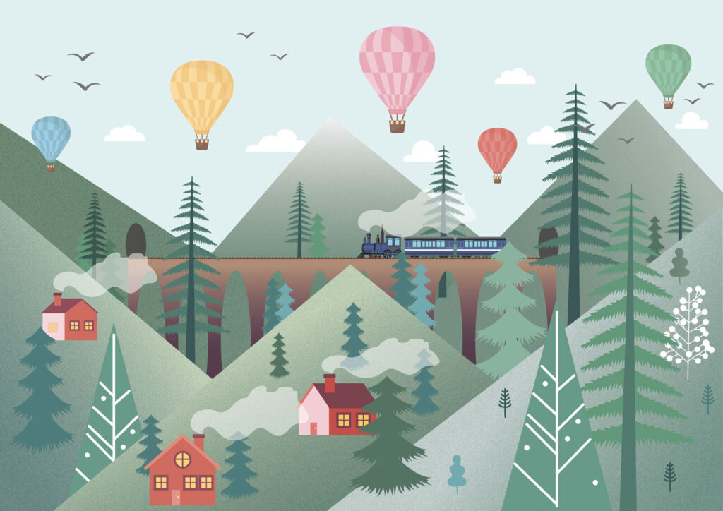 Trein onder kleurrijke ballonnen — volledig ontwerp