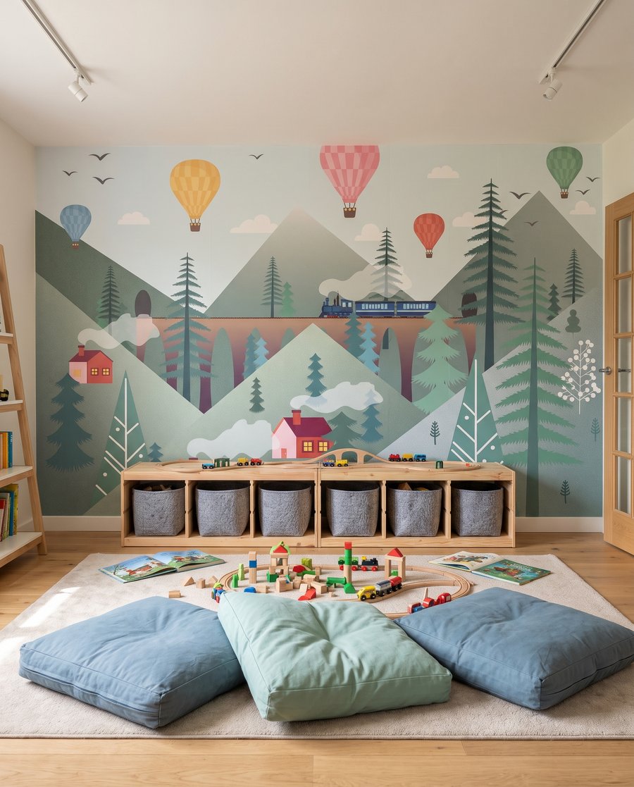 Trein onder kleurrijke ballonnen in een interieur