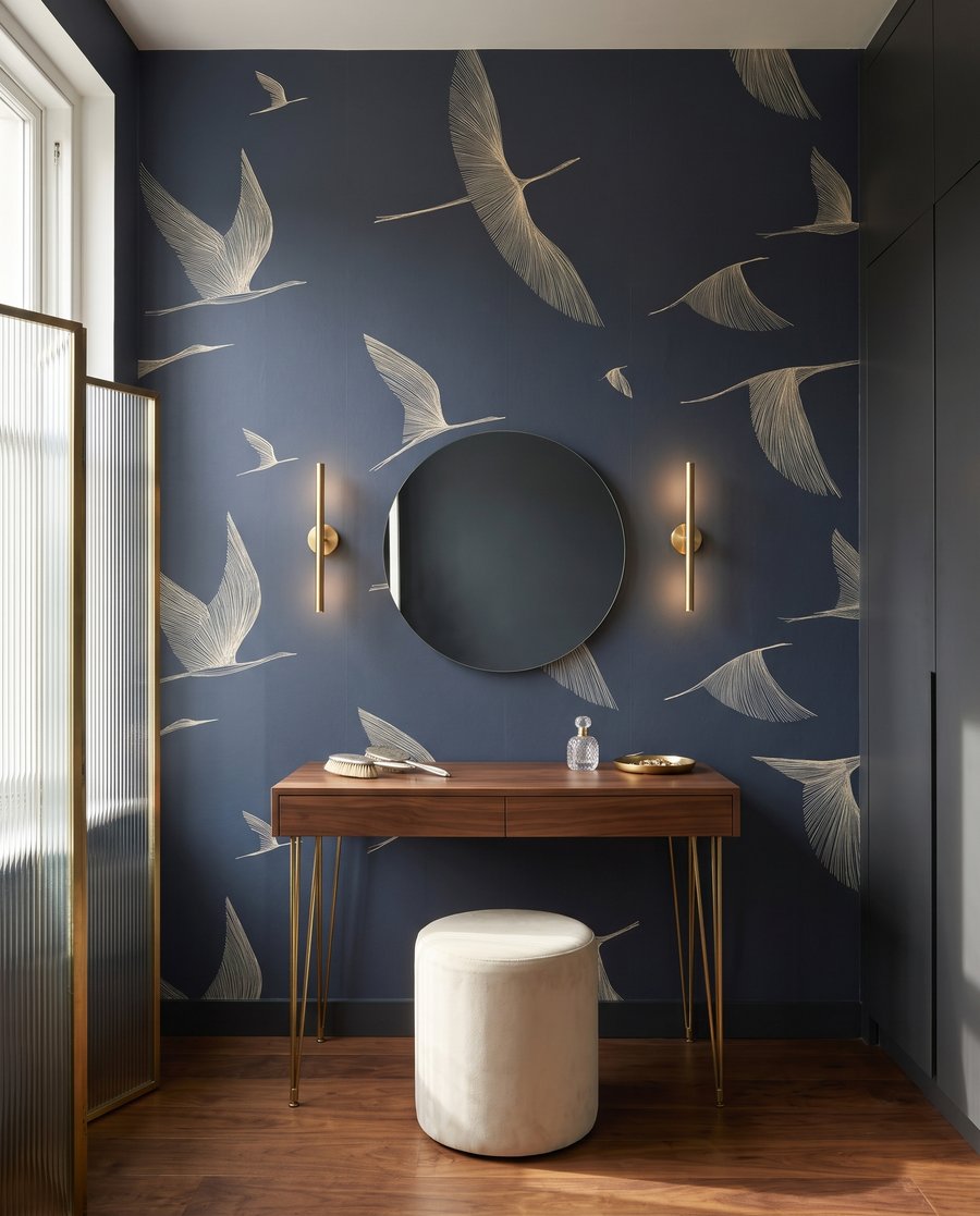 Vogels in blauw lijnenspel in een interieur