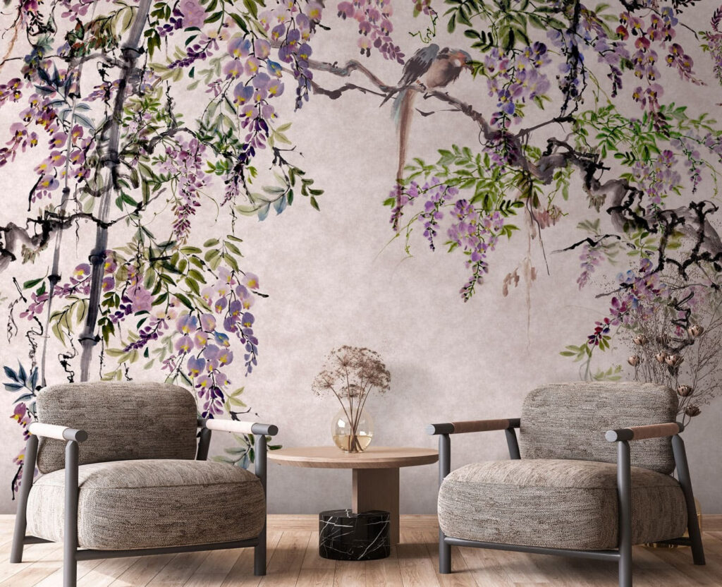 Paarse bloesemtrossen langs bovenhoek — interieur 2