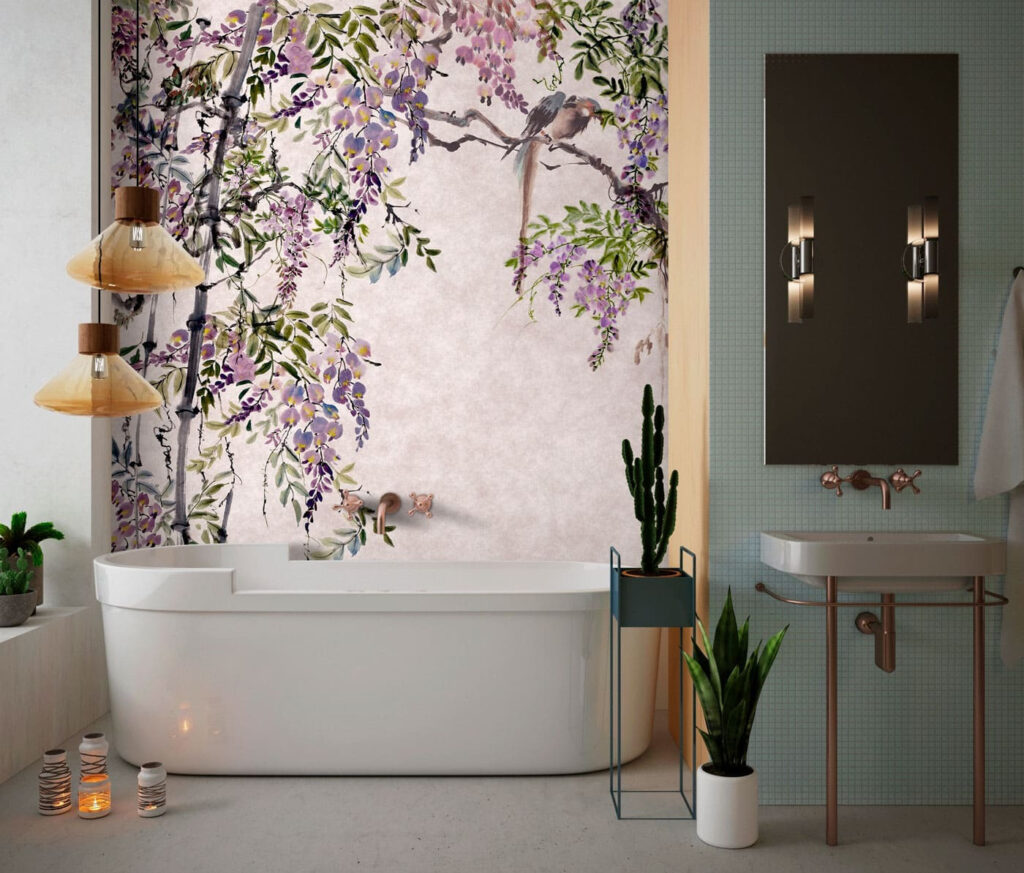 Paarse bloesemtrossen langs bovenhoek — interieur 1