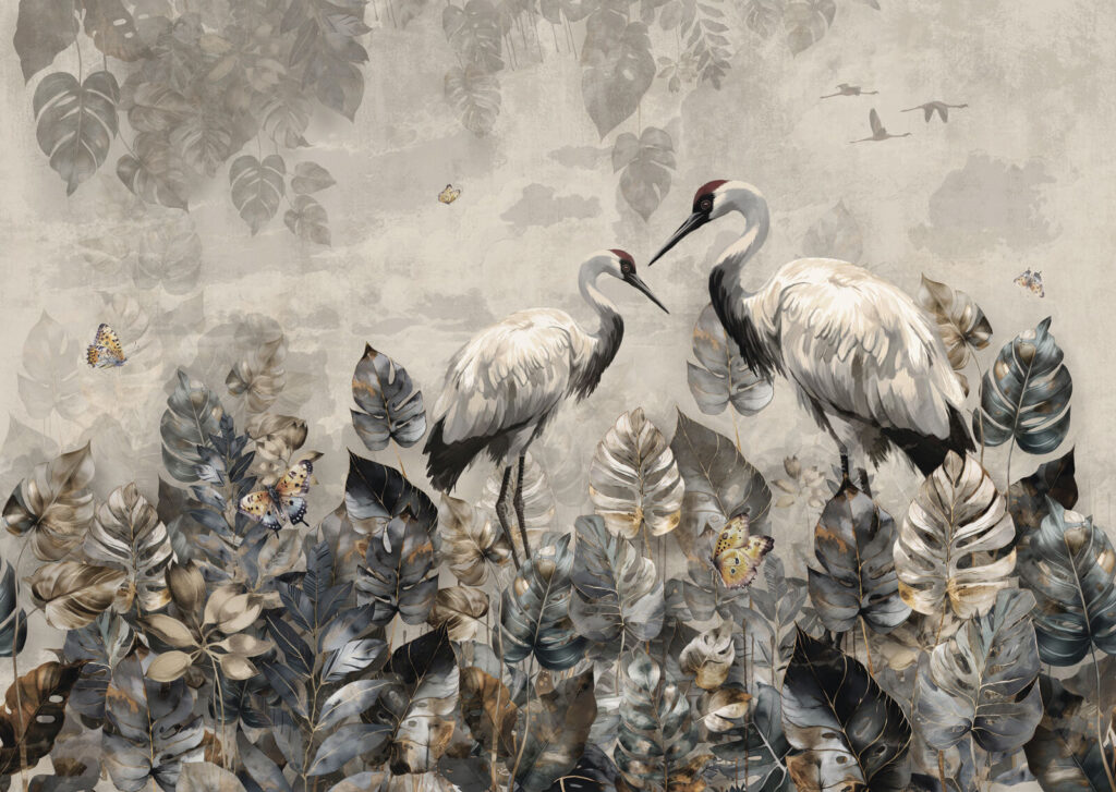 Kraanvogels tussen bladeren — volledig ontwerp