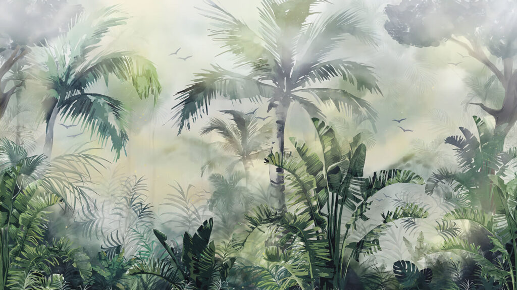 Mistig bos met palmbomen — volledig ontwerp