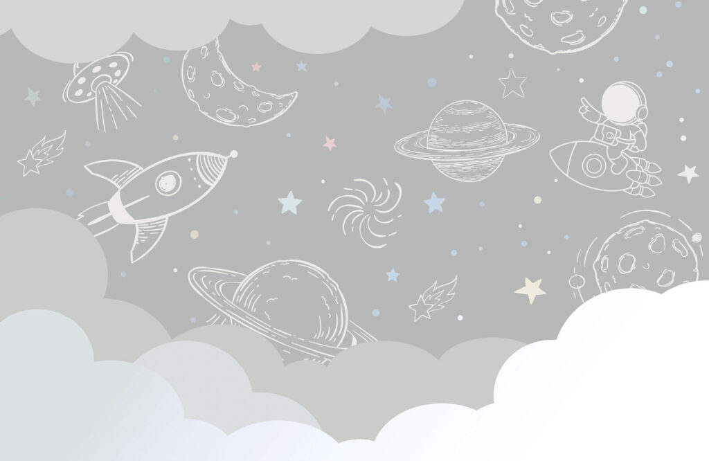 Ruimtetekeningen boven grijze wolken — volledig ontwerp