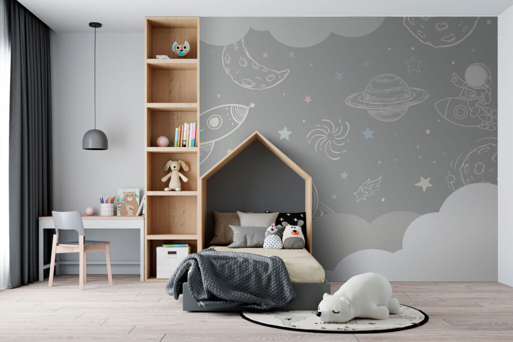 Grijze achtergrond met wolken en raketten in een interieur