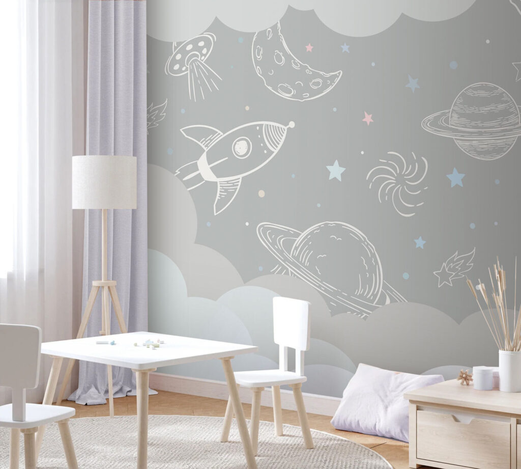 Ruimtetekeningen boven grijze wolken — interieur 2