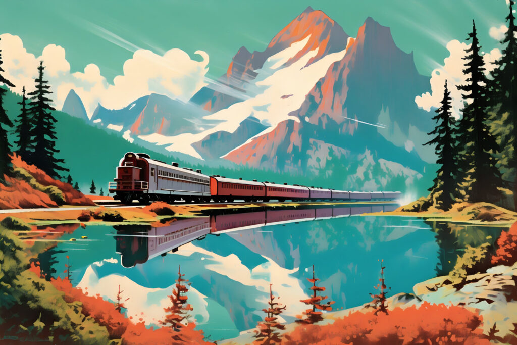 Trein langs een bergmeer — volledig ontwerp
