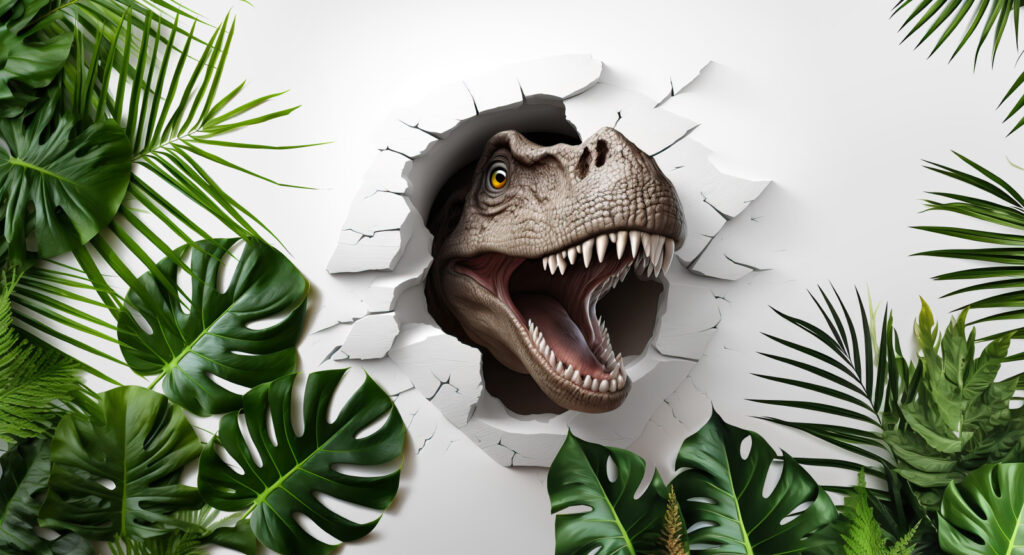 Dinosauruskop tussen groene bladeren — volledig ontwerp